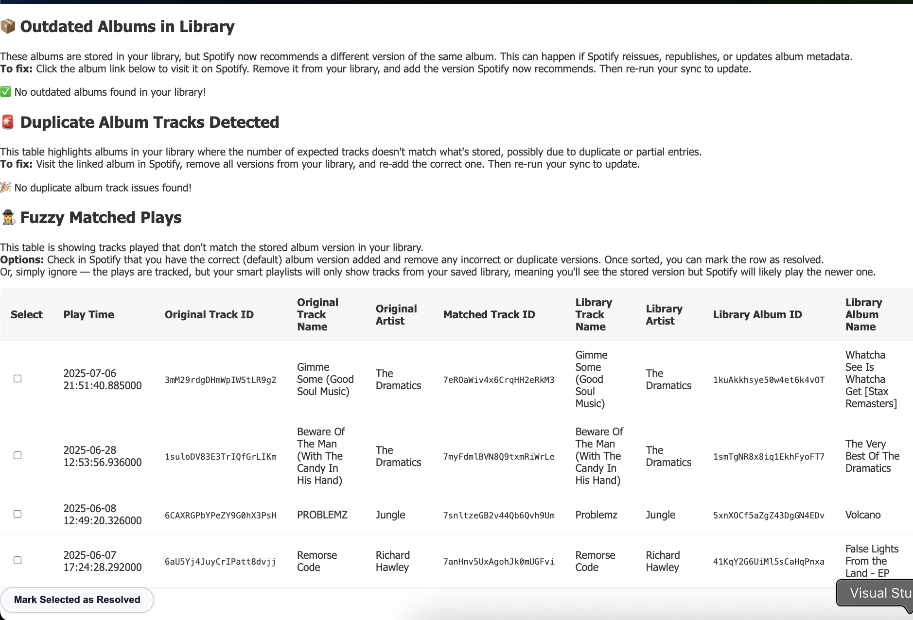 Diagnostics panel highlighting Spotify data issues