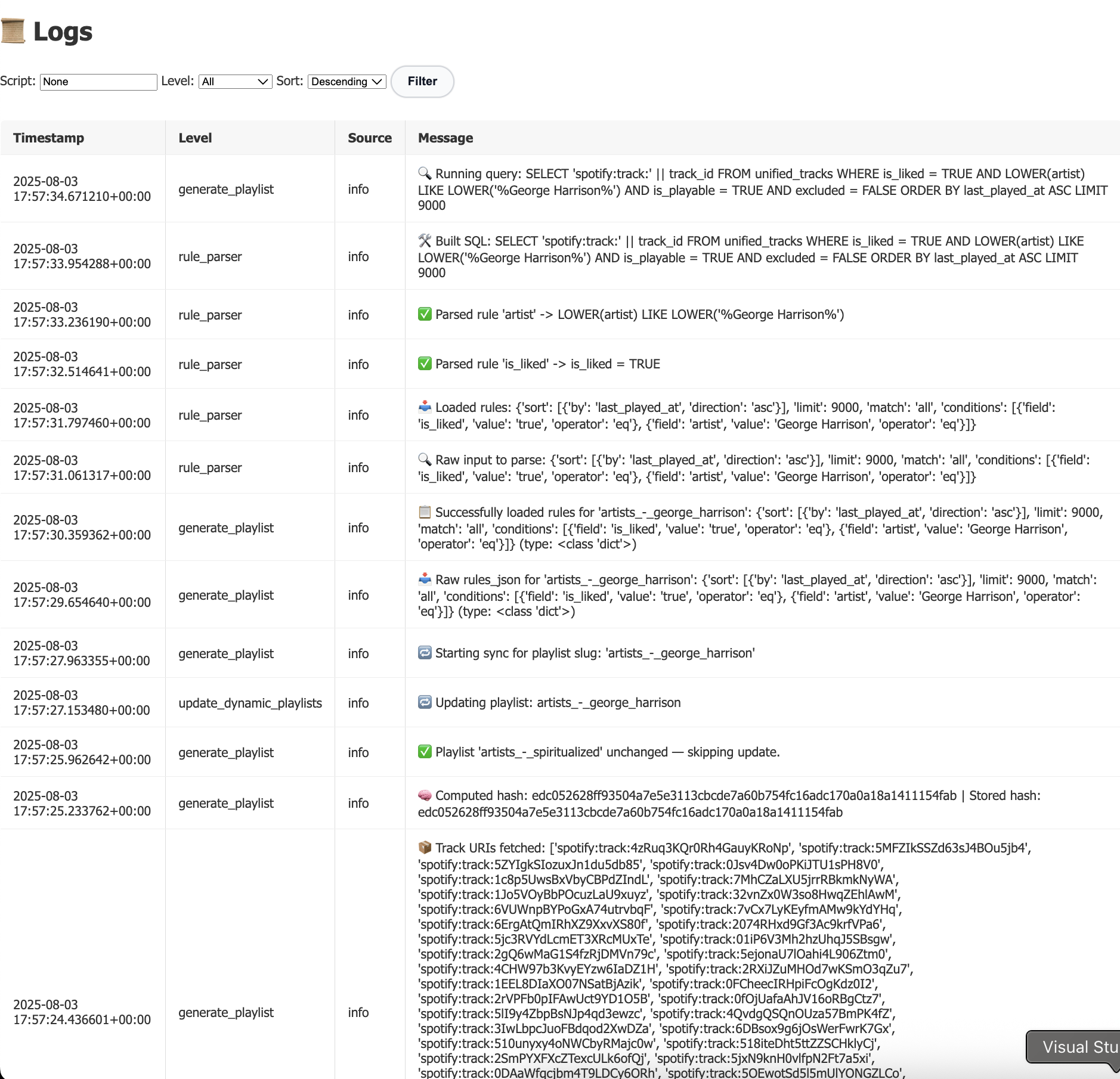 Job log view with sync history by playlist and timestamp