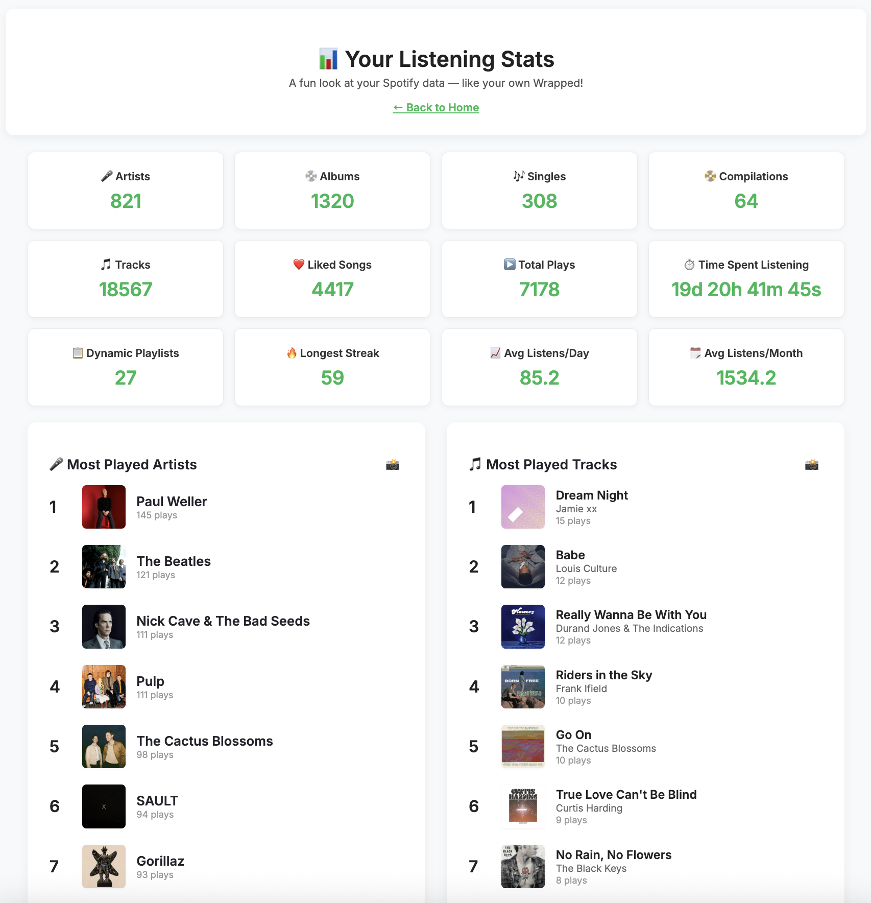 Personal listening statistics dashboard showing top tracks and artists